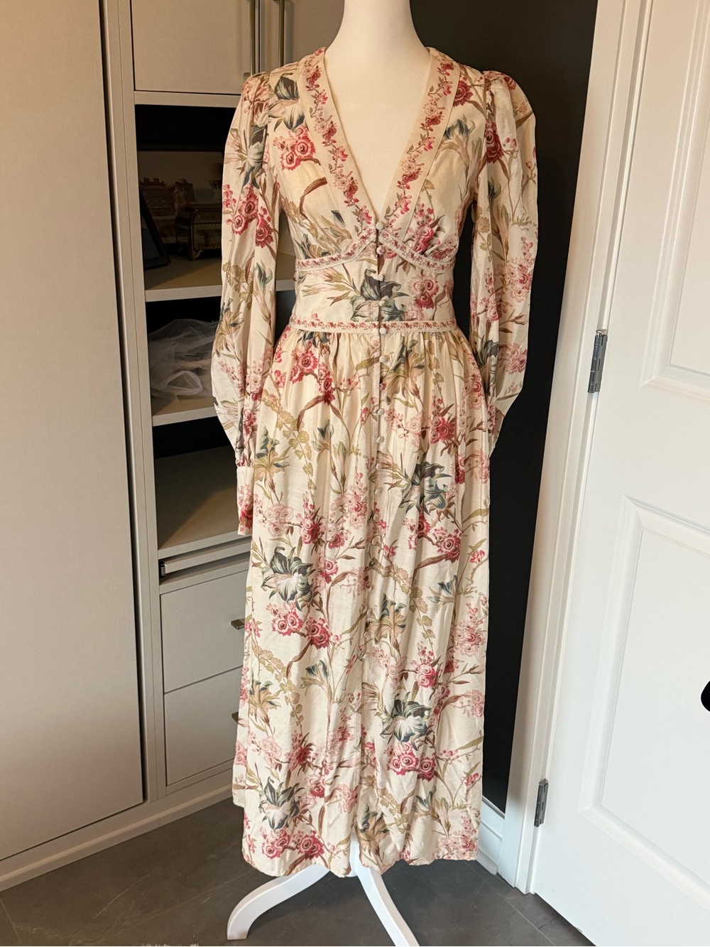 H&M Cream Floral V-Neck Long Sleeve Maxi Dress with Pink and Green Print